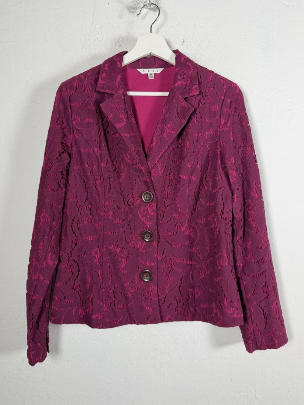 Cabi Frolic Blazer Jacket 128 Purple Floral Lace Overlay Lined 3-Button Size 6